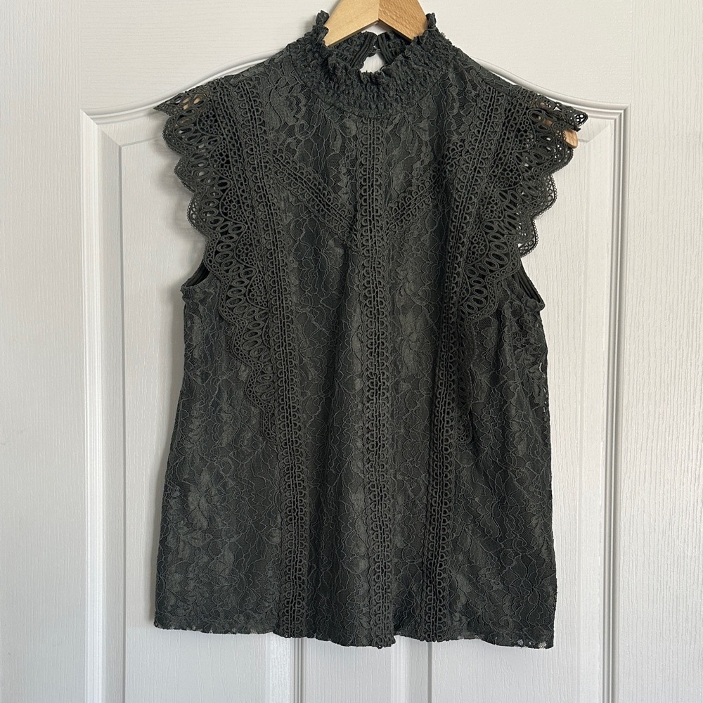 Cable & Gauge Khaki Green Lace Sleeveless High-Neck Blouse